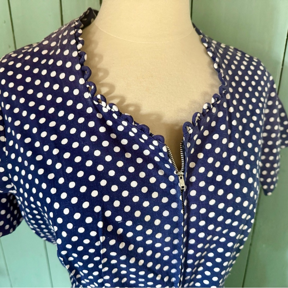 VTG 50's MOLLY GOLDBERG Polka Dot Day Dress w/ Belt Zip Front 20.5 L-XL